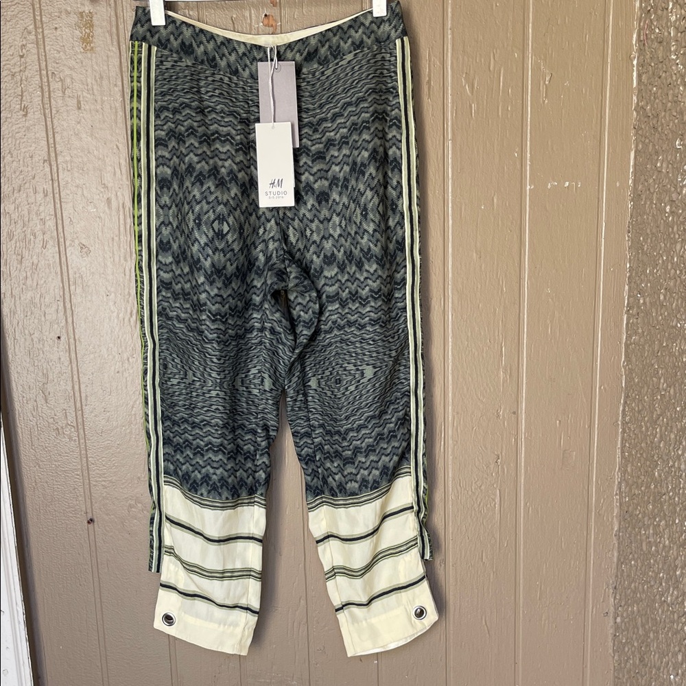 H&M Studio Textured Black & Cream Track Silk Pants in green Size 2